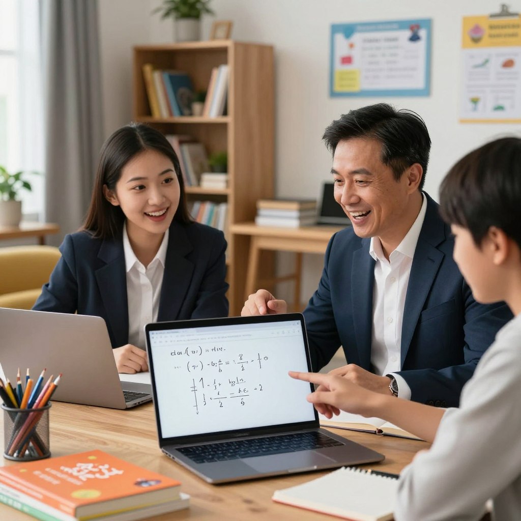 A modern online math tutoring session featuring Mr. Jee and Ms. Wun guiding students. In the foreground, place a laptop displaying a math problem, surrounded by colorful math books and stationery. Mr. Jee, a middle-aged man in a professional business suit, is speaking energetically, with a warm smile, while Ms. Wun, a young woman in smart casual attire, is pointing to the screen, engaged in the lesson. In the middle ground, a cozy home study environment is visible with a desk, shelves filled with educational materials, and a comfortable chair. The background shows a softly lit room with motivational charts on the walls. The overall mood is encouraging and focused, capturing a productive learning atmosphere. Include elements representing the "Enerjee Tutor Service," like a subtle logo on the laptop screen.