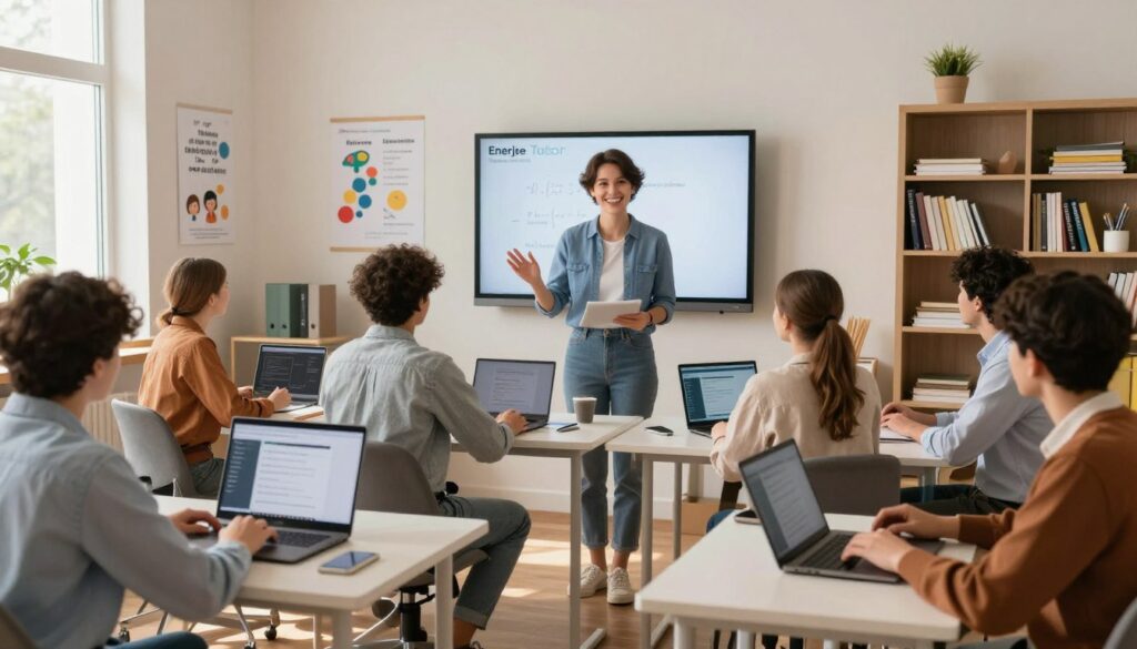A modern online tutoring center for secondary school students, showcasing a spacious, well-lit virtual classroom atmosphere. In the foreground, a diverse group of students, dressed in smart casual attire, engage with laptops and digital tablets, eagerly participating in an online lesson. The middle ground features a friendly, professional tutor, guiding the with a bright smile, appearing on a large screen. The background includes a cozy study space with motivational educational posters and bookshelves filled with study materials. Soft ambient lighting creates a positive and encouraging mood. The brand "Enerjee Tutor Service" is subtly integrated into the classroom design, emphasizing a focus on academic growth and support in a relaxed, productive environment.