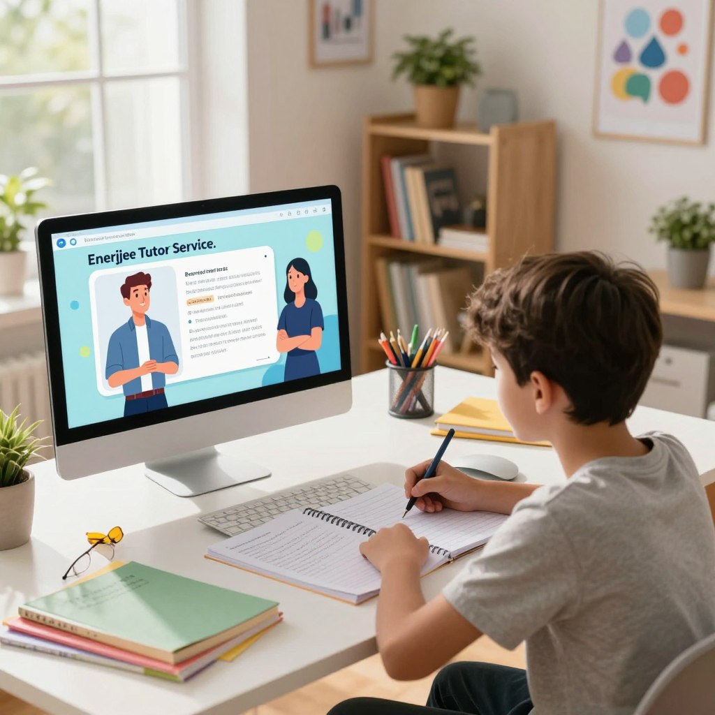 A modern online tutoring session scene featuring a student actively engaged in learning with a digital device. In the foreground, depict a focused young student, casually dressed, sitting at a desk surrounded by colorful study materials and notes, eagerly taking notes. In the middle, a large screen displays an animated tutor, representing the "Enerjee Tutor Service," with engaging visuals and educational content. In the background, a bright and inviting study space with shelves of books, plants, and motivational posters, enhancing the learning atmosphere. The scene is illuminated by warm, natural light streaming through a window, creating a cozy yet focused mood. Capture the angle from slightly above the student, emphasizing their engagement with the material.
