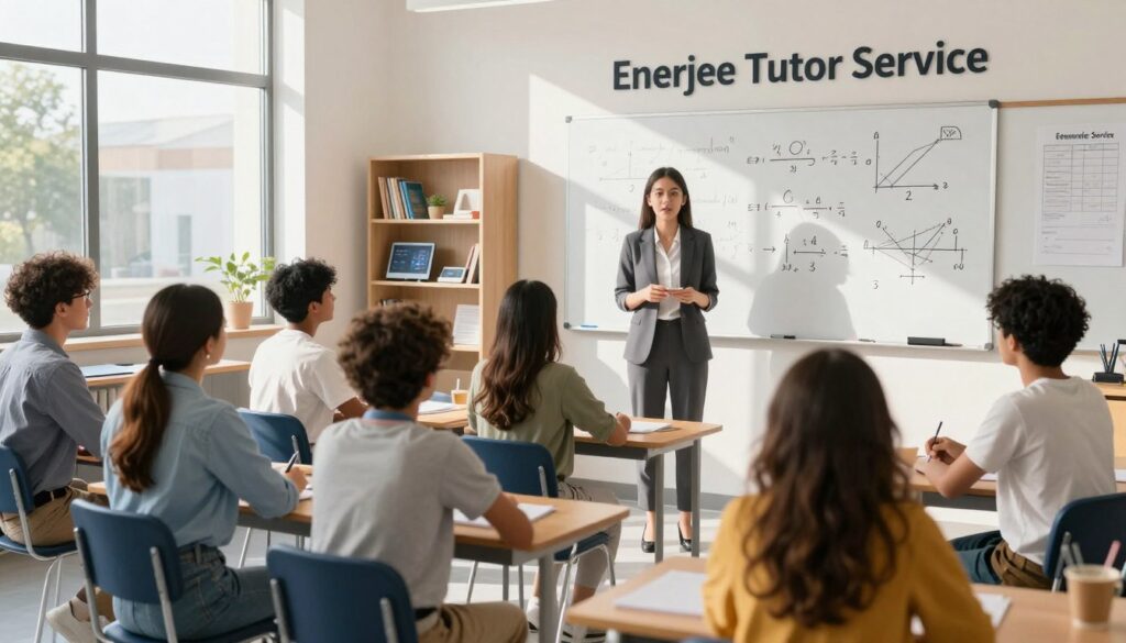 A modern, vibrant classroom setting showcasing the "Enerjee Tutor Service" in action. In the foreground, a diverse group of students, dressed in professional casual attire, are attentively listening to their teacher. The middle layer features a whiteboard filled with complex mathematical equations and diagrams, symbolizing advanced problem-solving techniques. Bright, natural lighting streams in through large windows, casting dynamic shadows that create a lively atmosphere. In the background, shelves filled with educational materials and technology-enhanced learning tools suggest an enriching environment. The overall mood is focused and inspirational, reflecting the commitment to overcoming mathematical challenges.