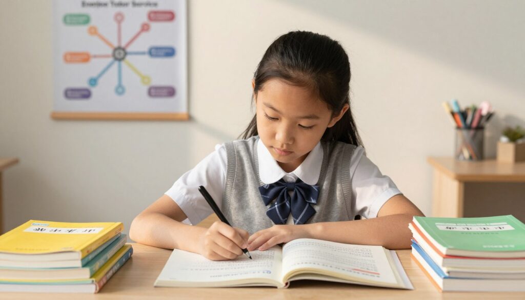 A serene and focused study environment shows a middle school student, a young Asian girl, diligently working at her desk, surrounded by colorful textbooks and stationery. She wears comfortable yet neat clothing, symbolizing a balance between relaxation and seriousness. In the foreground, an open notebook displays neatly written notes, highlighting her strong habits and foundational knowledge. In the middle background, a poster on the wall illustrates a roadmap of academic goals leading to high school success, emphasizing the importance of developing good study habits. Soft, warm lighting illuminates the scene, casting gentle shadows that create a supportive atmosphere. The image encapsulates the mood of motivation and determination, reflecting the essence of "Enerjee Tutor Service" and the significant impact of cultivating good habits in education.