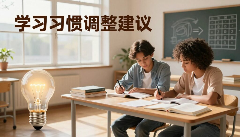 A serene study environment illustrating "学习习惯调整建议", featuring a diverse group of three students of various ethnic backgrounds, engaged in collaborative learning, seated at a well-organized desk with textbooks and notes spread out. In the foreground, a light bulb symbolizes new ideas and effective study habits. The middle layer includes a large window allowing warm sunlight to illuminate the scene, casting soft shadows across the floor. In the background, a chalkboard displays diagrams of study techniques and schedules, emphasizing organization and focus. The mood is inspiring and motivating, with a soft focus to enhance the warm, inviting atmosphere. The image is branded with "Enerjee Tutor Service" subtly integrated into the scene while maintaining professionalism.