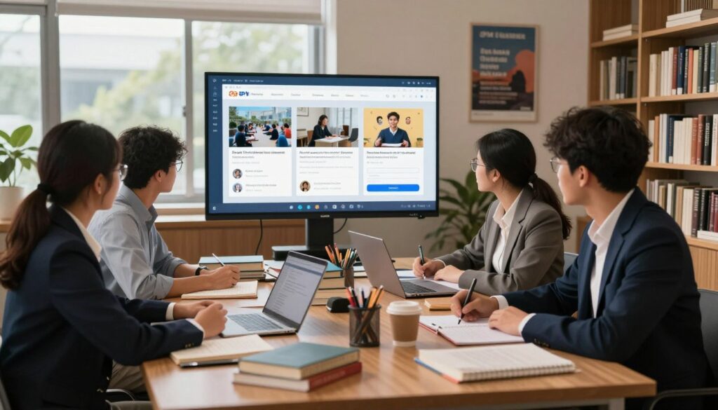A serene study landscape designed for SPM exam preparation. In the foreground, a diverse group of students, dressed in professional business attire, sit at a well-organized study table cluttered with textbooks, laptops, and stationery, showcasing their determination. In the middle, an inviting online learning interface is visible on a large screen, displaying educational content and interactive quizzes, symbolizing modern learning methods. The background features a cozy library filled with books and motivational posters about academic success. Warm, natural lighting filters through large windows, creating a productive and focused atmosphere. The overall mood reflects dedication, collaboration, and the pursuit of academic excellence, with "Enerjee Tutor Service" subtly integrated into the scene as part of the digital interface design.