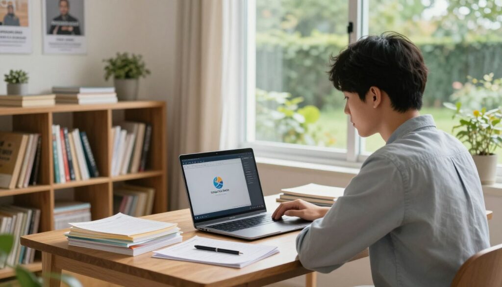 A serene study room bathed in soft, natural light, conveying a peaceful atmosphere. In the foreground, a student of Asian descent, dressed in casual but professional attire, sits at a wooden desk filled with notes and textbooks, intently focused on a laptop screen displaying an online tutoring session. In the middle ground, an organized bookshelf filled with educational materials and motivational posters about exam success. In the background, a large window with a view of a tranquil garden, symbolizing hope and calmness during exam preparation. The mood is one of determination and optimism, embodying the spirit of effective study strategies. The logo of "Enerjee Tutor Service" is subtly displayed on the laptop screen, enhancing the educational context without overpowering the image's focus.