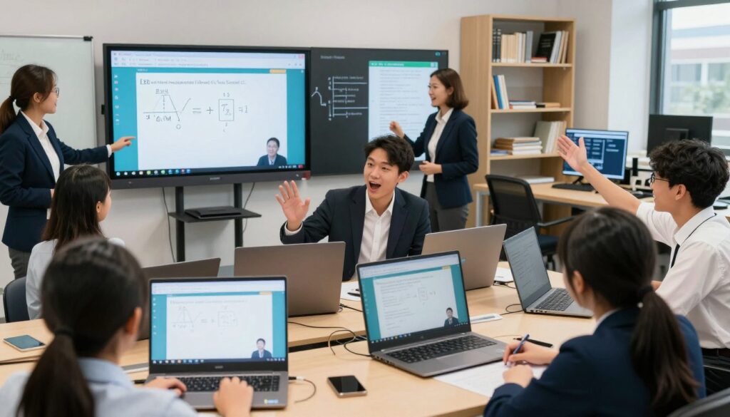A vibrant and educational scene showcasing the advantages of a curriculum that comprehensively covers the Independent Chinese School (IC) and SPM syllabi. In the foreground, a diverse group of students, dressed in professional business attire, enthusiastically engaging with online learning, displaying a mix of focus and excitement. The middle ground features screens with interactive educational content related to math and science, symbolizing the integration of top-tier online tutors from Enerjee Tutor Service. The background reveals a modern, well-lit learning environment with bookshelves and technology, suggesting a blend of traditional learning and digital innovation. Use natural lighting to create an inviting atmosphere, emphasizing a sense of collaboration and knowledge sharing, captured from a slightly elevated angle to convey a broad perspective of the study environment.