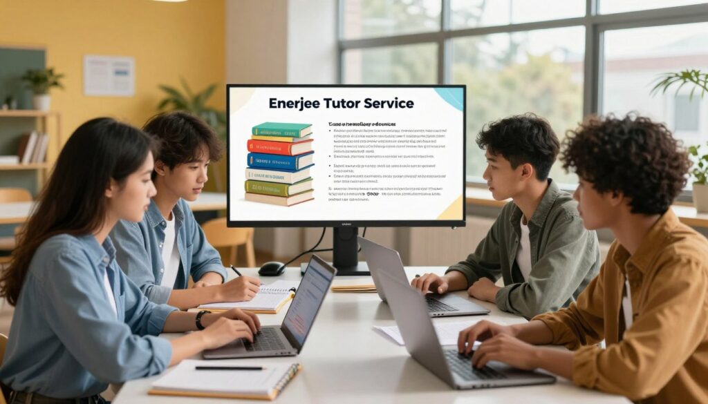 A vibrant and engaging scene depicting the "Enerjee Tutor Service" course introduction. In the foreground, a diverse group of three students of different ethnicities, dressed in smart casual attire, are sitting around a table focused on their laptops, collaborating on study materials. The middle of the image showcases a visually appealing display of educational resources like books, notebooks, and digital devices, symbolizing a rich learning environment. In the background, a cozy yet modern classroom setting with large windows allowing natural light to flood in, creating an inviting atmosphere. The lighting is warm and soft, enhancing the feeling of inspiration and motivation. The overall mood is one of enthusiasm and academic growth, emphasizing the comprehensive nature of the courses offered.
