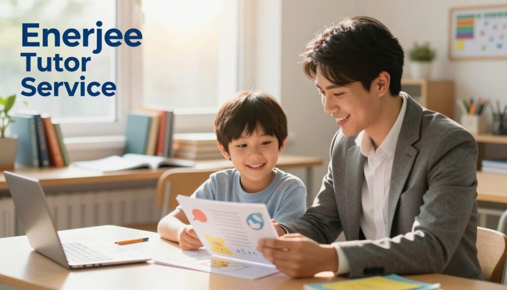 A vibrant and engaging study environment showcasing the "Enerjee Tutor Service". In the foreground, a friendly and attentive tutor, dressed in professional attire, sits beside a bright-eyed child, both engrossed in a dynamic learning activity. The tutor is explaining a concept using colorful visual aids. In the middle ground, a cozy study space filled with books, educational materials, and a comfortable desk, emphasizes a nurturing atmosphere. The background features a large window allowing warm sunlight to filter in, casting a soft glow on the scene. The overall mood is one of motivation, support, and enthusiasm for learning, illustrating the personalized and effective approach of Enerjee Tutor Service. Capture this scene with a soft focus lens to highlight warmth and positivity.