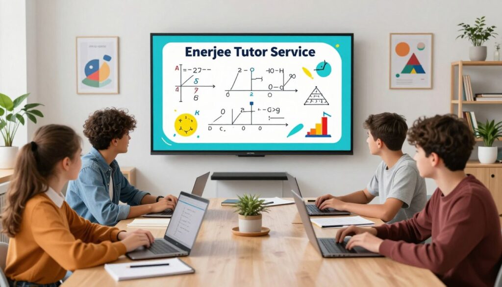 A vibrant and inviting online tutoring scene showcasing "Enerjee Tutor Service". In the foreground, a diverse group of students, ages 10 to 15, engaged in a virtual classroom on sleek laptops, each dressed in smart casual attire. The middle layer features a large, interactive digital whiteboard displaying colorful educational graphics and diagrams, illustrating subjects like math and science. The background highlights a cozy, modern study environment with bright lighting, motivational posters, and potted plants, creating an inspiring atmosphere for learning. The overall mood is energetic and encouraging, emphasizing the advantages of online tutoring. The image should reflect a seamless blend of technology and education, conveying a sense of collaboration and academic success.