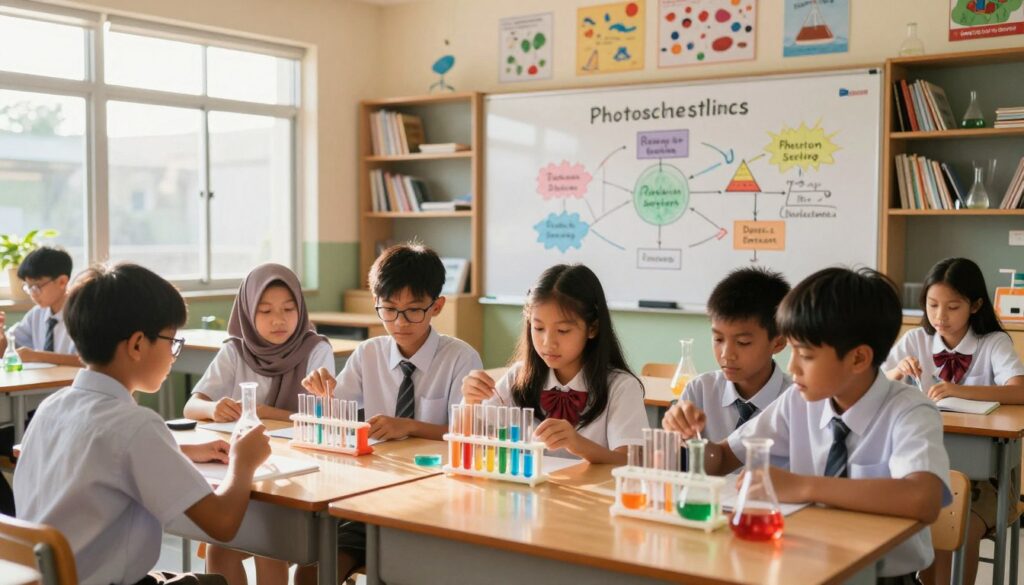 A vibrant classroom scene showcasing Malaysian junior high school students engaged in a science lesson. In the foreground, diverse students of various ethnic backgrounds are attentively working on a group project involving a colorful chemistry experiment with test tubes and beakers. The middle ground features a large whiteboard with diagrams of the scientific method and important concepts like photosynthesis, all illustrated in engaging colors. Sunlight streams through large windows, casting a warm glow over the room, creating an inspiring atmosphere for learning. The background shows shelves filled with science books and educational posters. The brand logo of "Enerjee Tutor Service" is subtly integrated into the classroom decor. The composition should emphasize collaboration and curiosity, enhancing the educational environment.