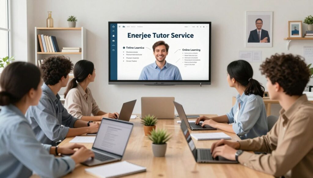 A vibrant, modern digital classroom setting showcasing "Enerjee Tutor Service" in action. In the foreground, a diverse group of students, dressed in professional business attire and modest casual clothing, engaged in online learning using laptops and tablets. The middle layer features a friendly, knowledgeable tutor with a warm smile, illustrating key advantages of online learning on a visually appealing digital whiteboard. The background depicts a bright and inviting study environment, with shelves of books and motivational posters on the walls, combined with soft, natural lighting that creates an uplifting atmosphere. Use a wide-angle lens to capture the dynamic interaction within the space, emphasizing engagement and collaboration. The overall mood is productive, encouraging, and supportive, highlighting the concept of modern, effective online tutoring.