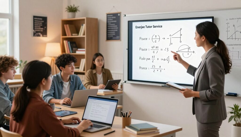 A vibrant virtual classroom scene illustrating the importance of online math tutoring. In the foreground, a confident, professional female tutor in business attire gestures towards a digital whiteboard filled with mathematical formulas and diagrams. In the middle ground, engaged students of diverse backgrounds, including Asian and Caucasian ethnicities, attentively follow along, working on tablets and laptops. The background features a modern, inviting study environment with soft, ambient lighting creating a warm and focused atmosphere. Incorporate elements like bookshelves filled with math books and motivational posters on the walls. The overall mood should inspire a sense of collaboration and excitement about learning. Include the brand name "Enerjee Tutor Service" subtly integrated into the digital whiteboard display, emphasizing the tutoring platform's role.