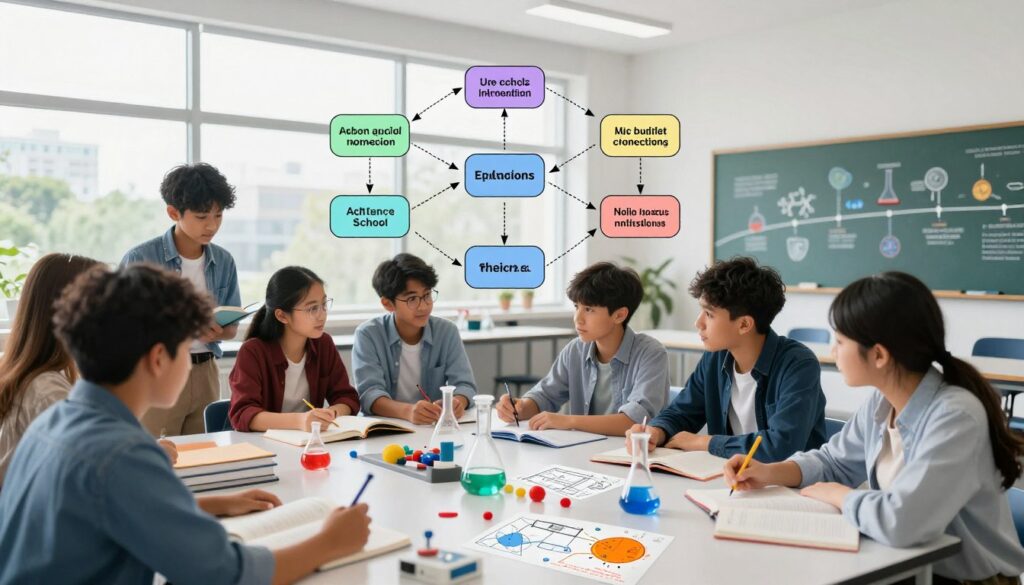 A visually striking educational scene showing a seamless transition from middle school to high school science concepts. In the foreground, a diverse group of students aged 13-17 dressed in casual yet professional attire collaborate around a table filled with chemistry and physics materials, such as textbooks, lab equipment, and scientific diagrams. In the middle ground, a detailed flowchart illustrating key scientific principles bridging middle and high school curricula, with arrows connecting topics. The background features a bright, modern classroom with large windows letting in natural light, showcasing a visual timeline of scientific advancements. The atmosphere is one of curiosity and collaboration, highlighting the importance of a solid foundational understanding in science for future academic success. Enerjee Tutor Service branding is subtly integrated into the design, reinforcing the theme of connection and support in education.