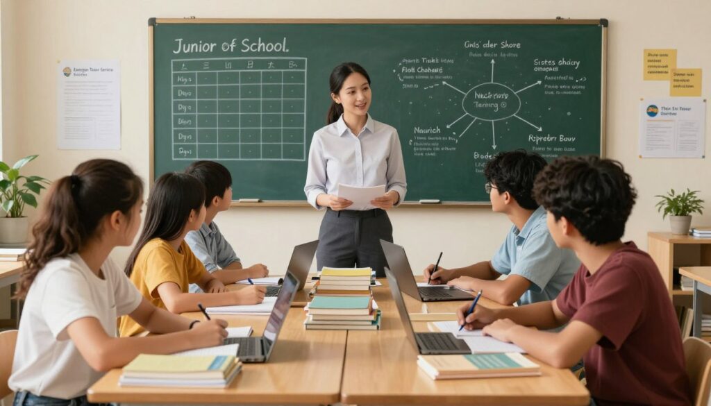 A well-organized study space illustrating the smooth transition from junior high to high school tutoring. In the foreground, a diverse group of students, dressed in modest casual clothing, collaborate around a study table filled with books, notebooks, and digital devices. In the middle ground, a knowledgeable tutor, wearing professional attire, guides them with a structured lesson plan. The background features a chalkboard displaying study schedules and a mind map of various subjects, symbolizing comprehensive tutoring strategies. The lighting is warm and inviting, creating an atmosphere of focus and engagement. Subtle elements, like educational posters and motivational quotes on the walls, enhance the educational ambiance. Include the branding "Enerjee Tutor Service" subtly integrated into the scene, emphasizing the commitment to holistic academic support.
