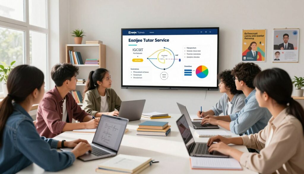Enerjee Tutor Service, an online course platform, is depicted in a bright, modern classroom setting. In the foreground, a diverse group of high school students, dressed in smart casual attire, are engaged in collaborative study. They are surrounded by laptops and books, portraying focused expressions as they work on various subjects like math and science. In the middle background, a large interactive whiteboard displays colorful diagrams related to the IGCSE curriculum, adding a dynamic element. The room is well-lit with natural sunlight streaming through large windows. Shelves lined with educational materials and motivational posters enhance the atmosphere, creating a vibrant and inspiring environment for learning. The overall mood is energetic and supportive, reflecting the concept of "focusing on high school education."