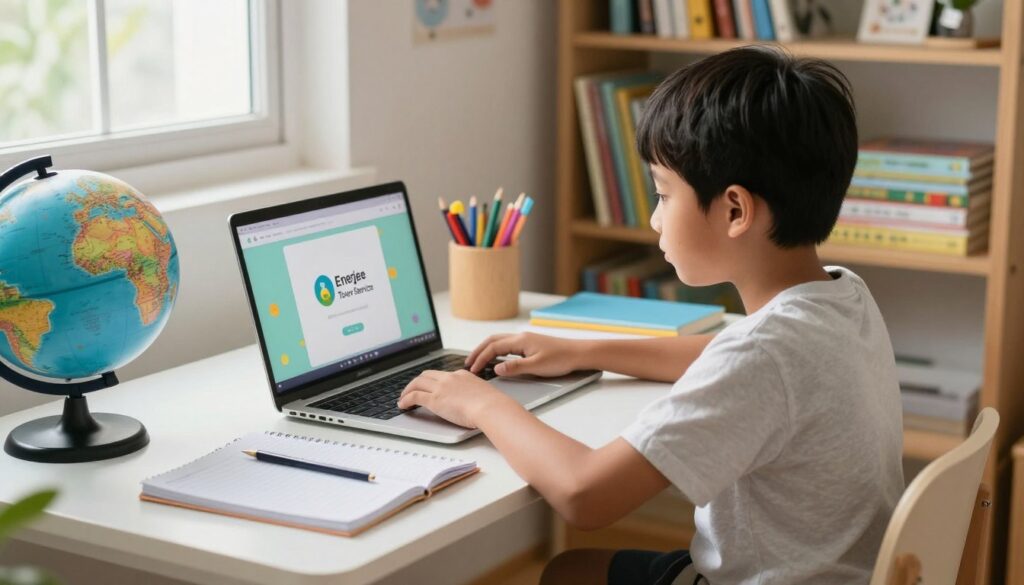A Malaysian child, aged around 10, is sitting at a desk in a bright and inviting home study room, engaged in an online learning session on a laptop. The child, wearing modest casual clothing, is focused on the screen, which displays colorful educational content. On the desk, there are notebooks, stationery, and a glowing globe, suggesting an international learning scope. In the background, bookshelves filled with children's books add warmth and context to the setting. Soft, natural light streams through a window, creating a positive and encouraging learning atmosphere. The overall mood is one of curiosity and concentration. Prominently displayed on the laptop screen is the logo of "Enerjee Tutor Service", emphasizing the online course platform. The angle is slightly elevated to capture the child’s engaged expression and the learning environment.