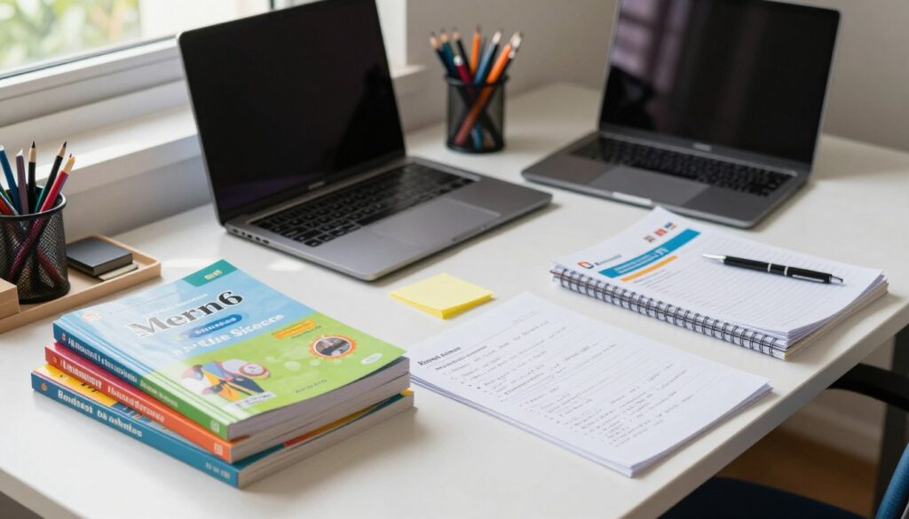 A beautifully organized study desk showcasing a spread of diverse textbooks for Form 1 in a Malaysian secondary school setting, emphasizing the transition between national curriculum and private school curriculum. In the foreground, a neat stack of colorful textbooks displays subjects such as Mathematics, Science, and English, while a few papers with handwritten notes are scattered nearby. The middle ground features a well-lit workspace with a sleek laptop and stationery items, casting soft shadows. In the background, a window allows natural light to bathe the scene, enhancing the inviting atmosphere. The overall mood is focused and academic, urging the viewer to feel the dedication involved in bridging educational pathways. Incorporate the Enerjee Tutor Service logo discreetly on one of the textbooks.