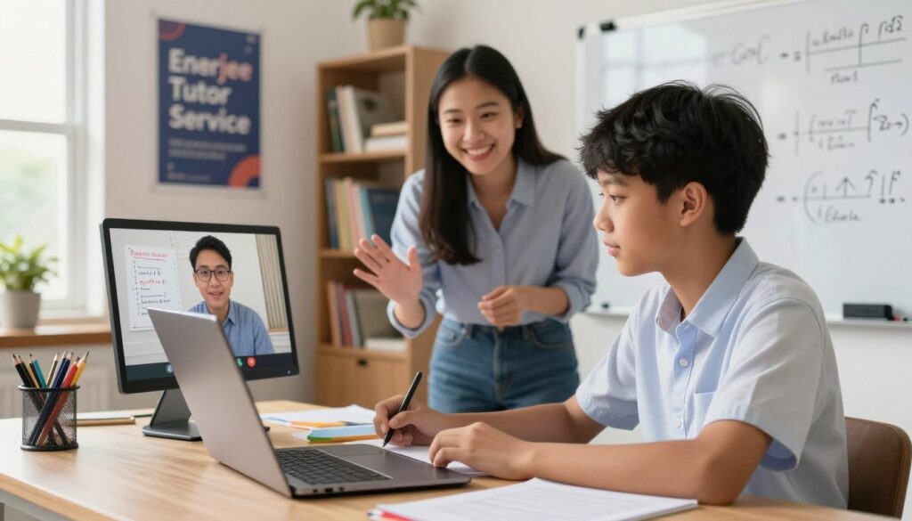 A bright and modern online tutoring environment showcasing the "Enerjee Tutor Service". The foreground features a focused student, a teenage boy in a neat shirt, attentively studying at his laptop, surrounded by colorful study materials. In the middle ground, a friendly tutor, a young woman in professional casual attire, is engaged in an online lesson, smiling as she explains concepts via video chat. The background includes a well-organized study space with motivational posters, bookshelves filled with textbooks, and a whiteboard with formulas. Soft, natural lighting pours in from a window, creating a warm and inviting atmosphere conducive to learning. The overall mood is motivating and educational, emphasizing the importance of online SPM preparation for students in Form 4 and Form 5.