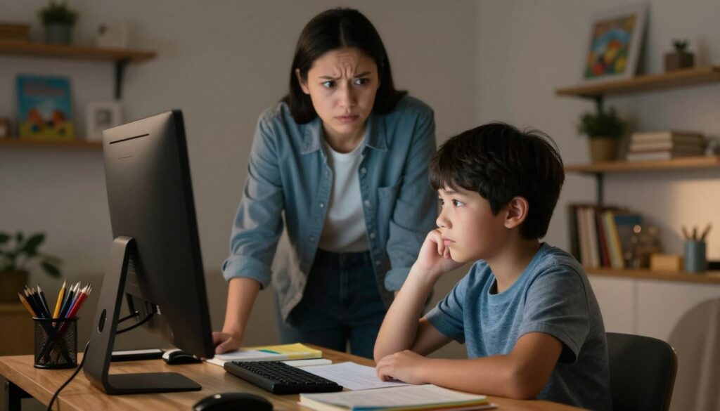 A concerned child stares intently at a computer screen, their face illuminated by the soft glow of the display, showcasing a state of deep focus and contemplation. The child is seated at a simple wooden desk, dressed in modest casual clothing, with books and stationery scattered around, emphasizing a study environment. Beside them, a parent stands with a furrowed brow, embodying a worried expression while wearing professional attire, subtly conveying care and concern. The background includes a cozy yet modern room, with shelves filled with educational materials and a warm light softening the atmosphere. The overall mood reflects a mix of anxiety and hope, highlighting the importance of academic support from Enerjee Tutor Service in this moment.