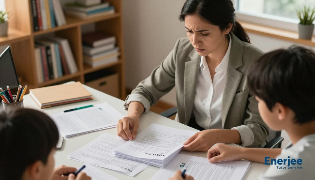 A concerned parent, dressed in professional casual attire, is seated at a cluttered desk, flipping through a stack of disorganized notes and homework from their child, who is experiencing challenges adjusting to the demands of Form 1. The background features a cozy study filled with bookshelves, scattered stationery, and a warm, inviting light streaming through a window, casting gentle shadows. The atmosphere conveys a sense of empathy and determination, highlighting the parent's focus on helping their child succeed. The camera angle is slightly overhead, capturing both the parent’s expression of concern and the messy notes laid out in front, while incorporating the logo of "Enerjee Tutor Service" subtly in the corner.