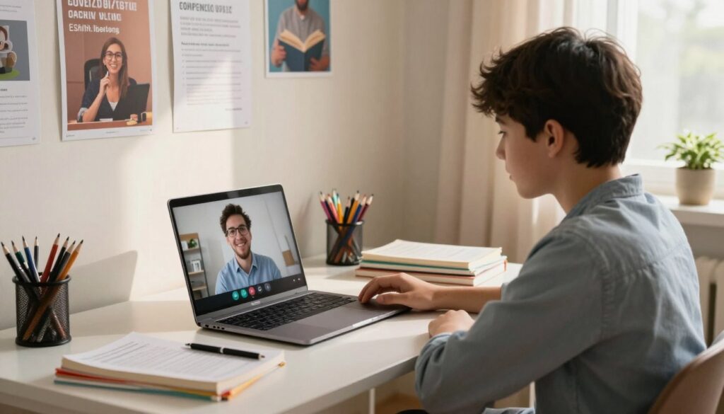 A cozy virtual classroom setting showcasing a student engaging in online tutoring with Enerjee Tutor Service. In the foreground, a focused teenage student, dressed in casual but professional attire, is seated at a desk with a laptop open, displaying a live video call with a friendly tutor. The middle scene features an array of educational materials like textbooks and stationery. In the background, a wall decorated with motivational posters related to study and achievement is softly lit, creating an inspiring atmosphere. The room is bathed in warm, natural light coming from a nearby window, adding a sense of comfort and motivation. Capture this scene from a slight angle to emphasize the connection between the student and the tutor, reflecting the advantages of online UEC courses.