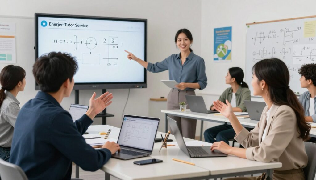 A dynamic and engaging classroom scene showcasing a professional online math tutoring session. In the foreground, two experienced tutors, Mr. Jee and Ms. Wun, are actively engaging with students via a large screen, projecting enthusiasm and expertise. Mr. Jee, wearing a smart jacket, gestures towards a virtual math problem, while Ms. Wun, in elegant business attire, smiles warmly, encouraging interaction. The middle ground displays a diverse group of attentive students, each at their own desks with laptops open, illustrating an interactive online environment. The background features a bright, modern classroom setting with educational posters and mathematical equations on whiteboards, evoking a sense of clarity and focus. Soft, natural lighting enhances the atmosphere, creating an inviting and motivating space for learning. Include the brand name "Enerjee Tutor Service" within the scene, representing premium quality education.