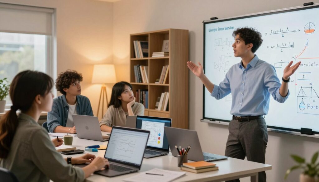 A dynamic and engaging scene illustrating a math tutoring service by "Enerjee Tutor Service". In the foreground, a confident, professional tutor, dressed in smart casual attire, is enthusiastically explaining a complex math problem on a virtual whiteboard, with colorful diagrams and equations. The middle layer features diverse students, engaged and focused, sitting at desks with laptops open, showcasing various expressions of curiosity and determination. In the background, there are soft, warm lights creating an inviting learning environment, and bookshelves filled with math textbooks. The atmosphere is energetic and motivating, with hints of technology, representing the online learning experience. Use a slightly angled perspective to give depth to the classroom setting, capturing the spirit of collaborative learning.