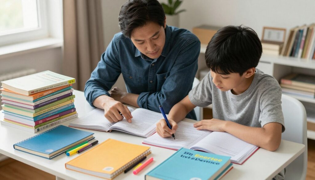 A focused scene depicting a parent and a dedicated student studying together, surrounded by an array of neatly organized textbooks and study materials relevant to the local exam syllabus. In the foreground, include a table cluttered with colorful notebooks and highlighters, emphasizing a vibrant study session. The middle ground shows the parent, dressed in smart casual attire, leaning over to explain a complex topic, while the student, wearing comfortable clothing, takes notes diligently. The background features a cozy room with soft, warm lighting filtering through a window, creating an inviting atmosphere conducive to learning. The overall mood is collaborative and productive, showcasing the supportive role of Enerjee Tutor Service in mastering the exam curriculum.