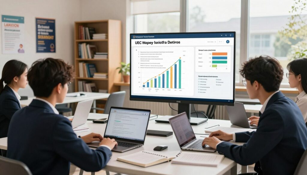 A focused study environment showcasing students engaged in online tutoring sessions for UEC exam preparation. In the foreground, a diverse group of students in professional attire are seated at modern desks, discussing strategies with laptops open and textbooks scattered around. The middle ground features a large digital screen displaying animated charts and statistics, illustrating the unique challenges and solutions related to the curriculum and exam upgrades. In the background, a bright, well-lit classroom with motivational posters and bookshelves filled with educational materials sets a conducive atmosphere for learning. Soft natural lighting flows through large windows, casting a warm glow, emphasizing determination and collaboration. The branding of "Enerjee Tutor Service" is subtly integrated into the educational materials, enhancing the professional mood of the scene.