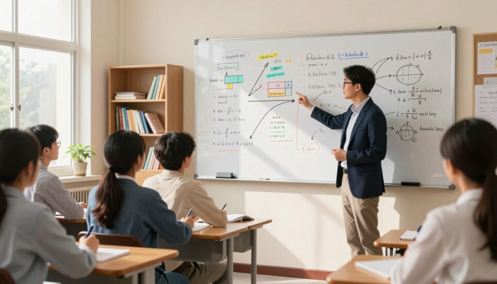 A high school classroom setting with a dedicated teacher, wearing professional attire, passionately explaining physics formulas with a colorful mind map displayed on a large whiteboard. The teacher, of Asian descent, is gesturing towards the map, which flows with diagrams and key points about physics and exam highlights. In the foreground, students of diverse backgrounds attentively take notes, their expressions focused and engaged. Sunlight filters through large windows, creating a warm and inviting atmosphere. The background shows shelves filled with books and educational materials, contributing to the scholarly vibe. The overall mood is inspiring and empowering, showcasing the effective teaching methods of Enerjee Tutor Service to help students succeed in their exams.