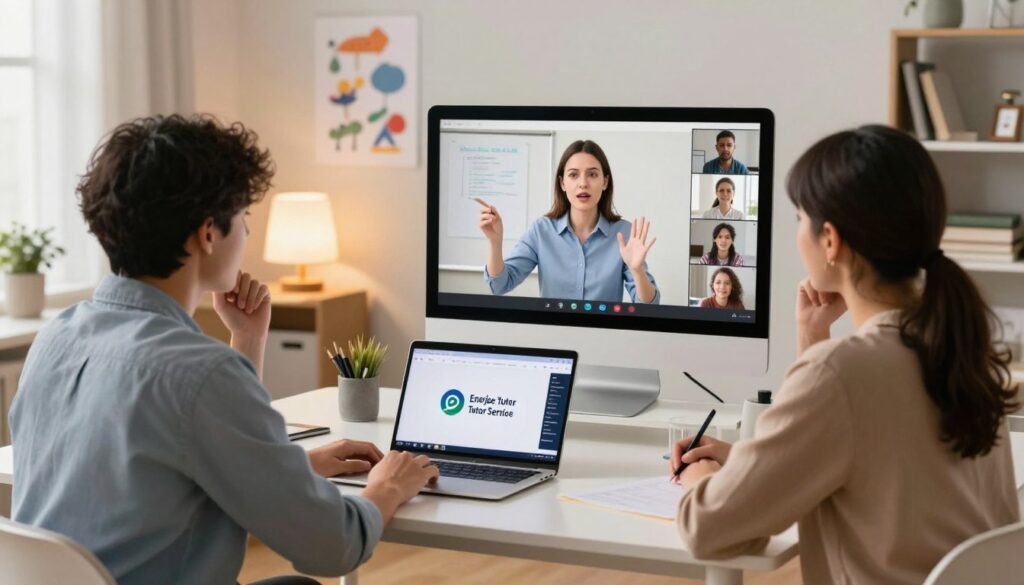 A scene depicting parents seated at a modern, sleek desk in a cozy home office, attentively observing a teacher conducting an online on a large computer screen. The parents, dressed in smart casual attire, exhibit expressions of curiosity and engagement. In the foreground, a laptop displays the Enerjee Tutor Service logo and interactive classroom features. The middle ground features the teacher, appearing professional, animatedly explaining concepts to a group of virtual students, with emphasis on clear visuals and engaging content. The background includes a softly lit room with educational posters and bookshelves, creating a supportive learning environment. The overall atmosphere is focused, warm, and encouraging, capturing the essence of interactive online tutoring. The lighting is bright and inviting, simulating a comfortable and productive study space.