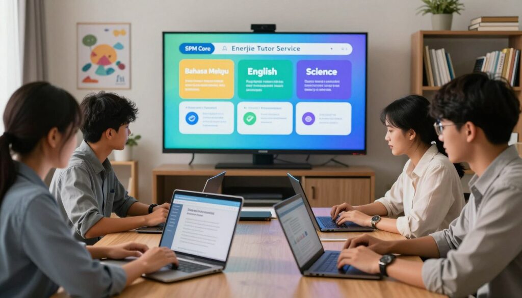 A serene and modern online tutoring setting showcasing “Enerjee Tutor Service”. In the foreground, a diverse group of students, dressed in professional yet casual business attire, are engaged in virtual learning on laptops and tablets, focused on their screens. The middle ground features a large, vibrant screen displaying colorful graphics representing SPM core subjects: Bahasa Melayu, English, and Science, with interactive elements indicating comprehensive study strategies. The background is a cozy, well-lit room adorned with educational posters and bookshelves filled with study materials. Soft, warm lighting creates an inviting atmosphere, while a slight depth of field emphasizes the engaged students, giving a sense of depth to the learning environment, symbolizing a bright future in education.