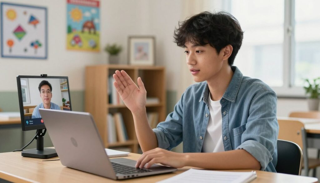 A student participating in an online class, sitting at a desk with a laptop open in front, is engaging with the teacher through a webcam. The student, dressed in a smart, modest casual outfit, looks focused and confident while answering a question. In the background, a glimpse of classroom decor can be seen, such as educational posters and bookshelves filled with books. The room is well-lit with natural light coming from a nearby window, creating a warm and inviting atmosphere. The camera angle captures the student from a slightly elevated perspective, emphasizing their engagement and interaction. The scene embodies a sense of proactive learning and modern education, reflecting the services of Enerjee Tutor Service.