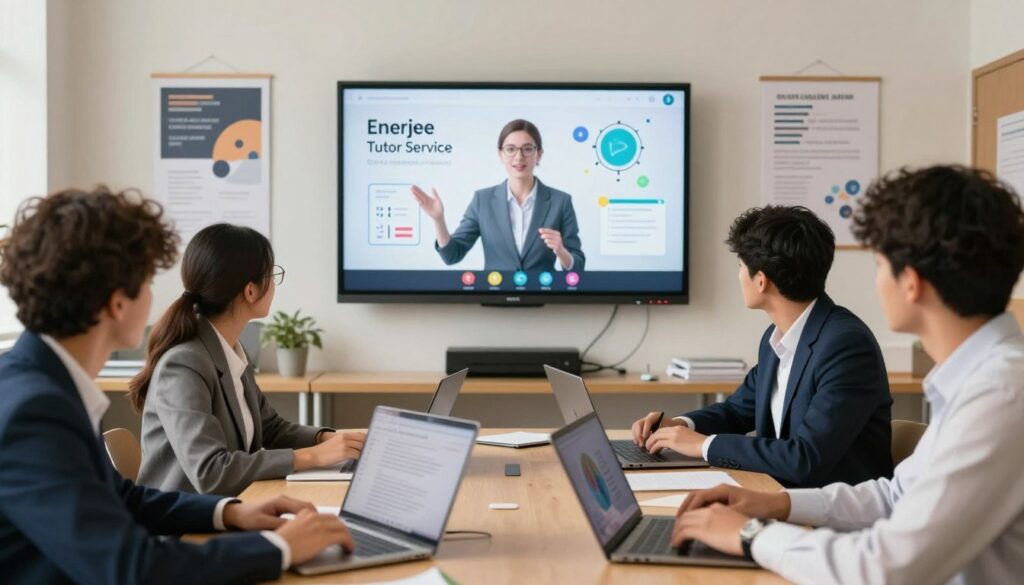 A vibrant and engaging online classroom setting representing "Enerjee Tutor Service." In the foreground, a diverse group of students, dressed in professional business attire, are interacting with digital devices, visibly engaged in a collaborative learning experience. In the middle ground, a virtual instructor appears on a large screen, providing real-time guidance with animated teaching materials. The background features a modern, bright classroom with motivational posters and a virtual whiteboard. Soft, warm lighting enhances the atmosphere of inspiration and focus, while a slight depth of field creates a professional feel. The composition reflects effective online tutoring characteristics, focusing on interaction and engagement in education.