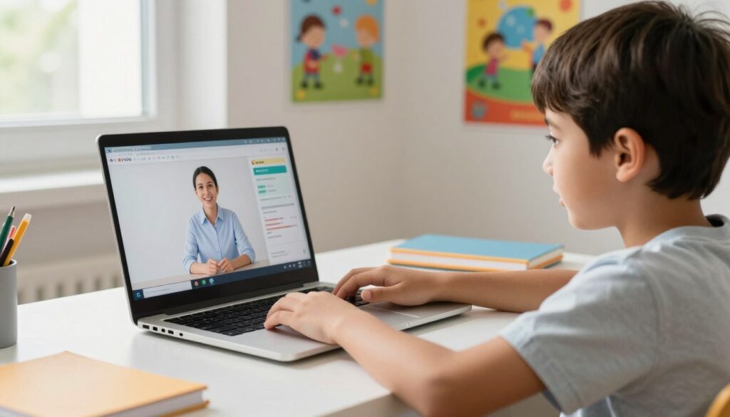 A young child, around 10 years old, sitting at a well-organized study desk in a brightly lit room, intently focused on a laptop screen showing an online tutoring session. The child is wearing comfortable yet modest casual clothing. In the foreground, we see the child's expressive face illuminated by the soft glow of the laptop, reflecting curiosity and engagement. The middle layer features a laptop displaying a friendly, professional teacher engaging with the child through the screen, demonstrating educational materials. In the background, colorful educational posters adorn the walls, enhancing the learning atmosphere. Natural light streams in from a window, creating a warm, welcoming environment. This image should convey a sense of excitement and positive energy about the learning experience, showcasing the essence of Enerjee Tutor Service.